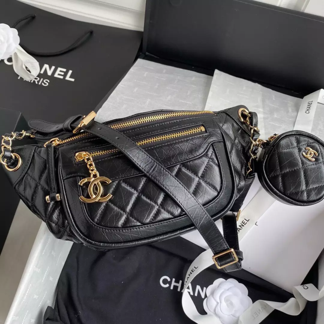 Chanel Bumbag Black Wrinkled Leather Lock Gold Handbags 34x15x6cm