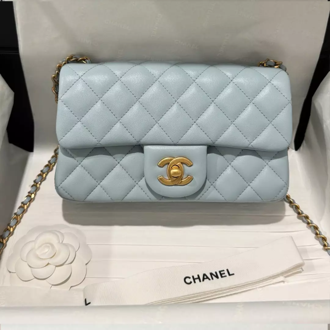Chanel Classic Bell Bag Handbag Sheepskin Blue Like Auth Lock Gold 20cm