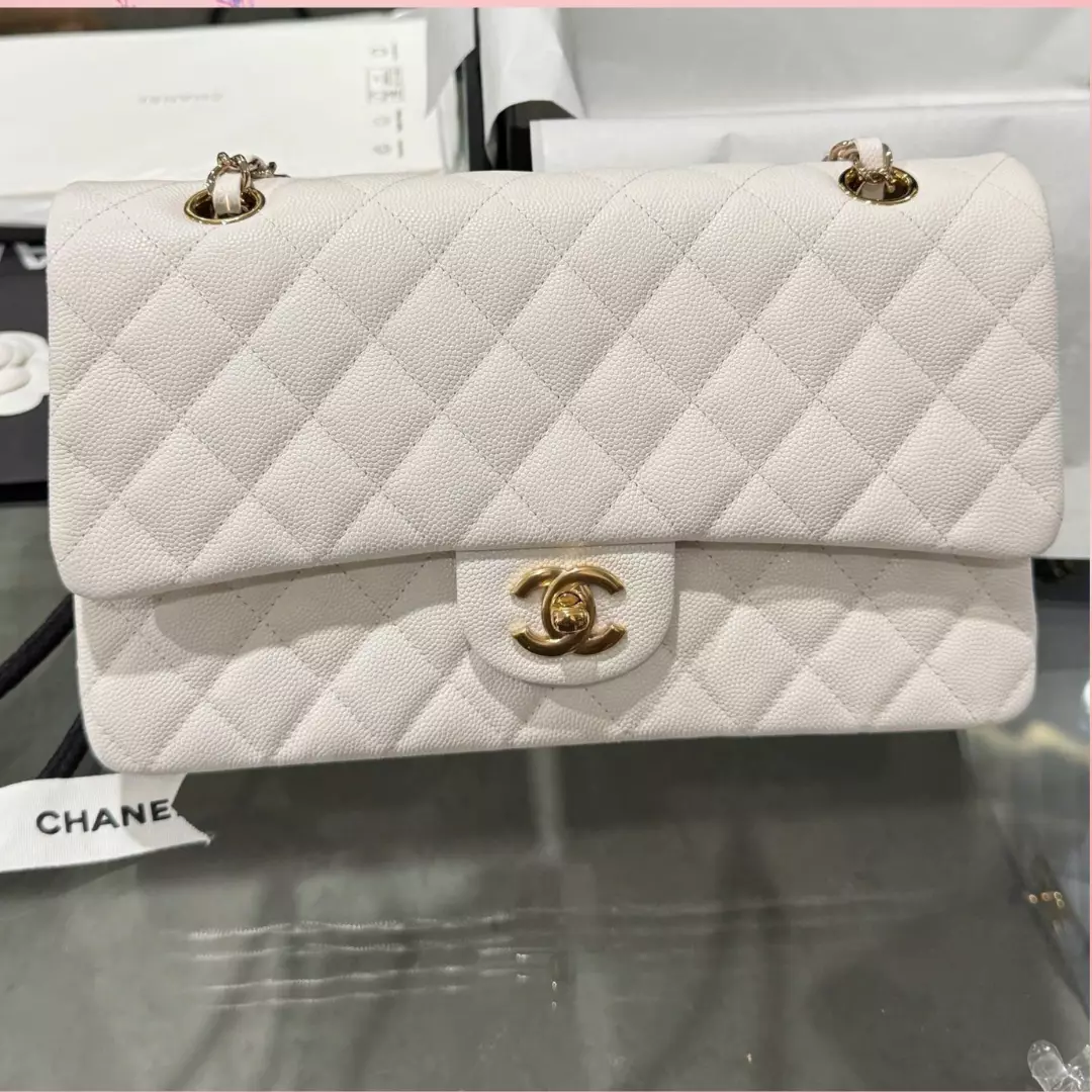 Chanel Classic Woman’s White Like Auth Handbags Lock Gold 25cm