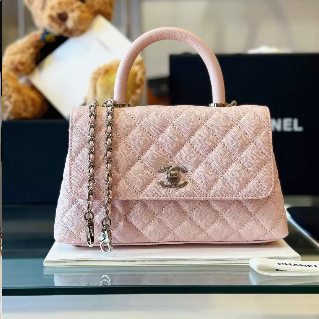 Chanel Coco Handbags Leather Pink With Silver Lock 23cm