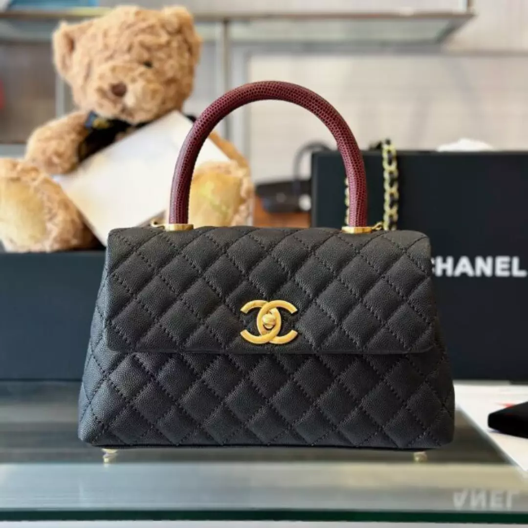 Chanel Handbag Coco Lock Gold Lizard Skin Black 24cm