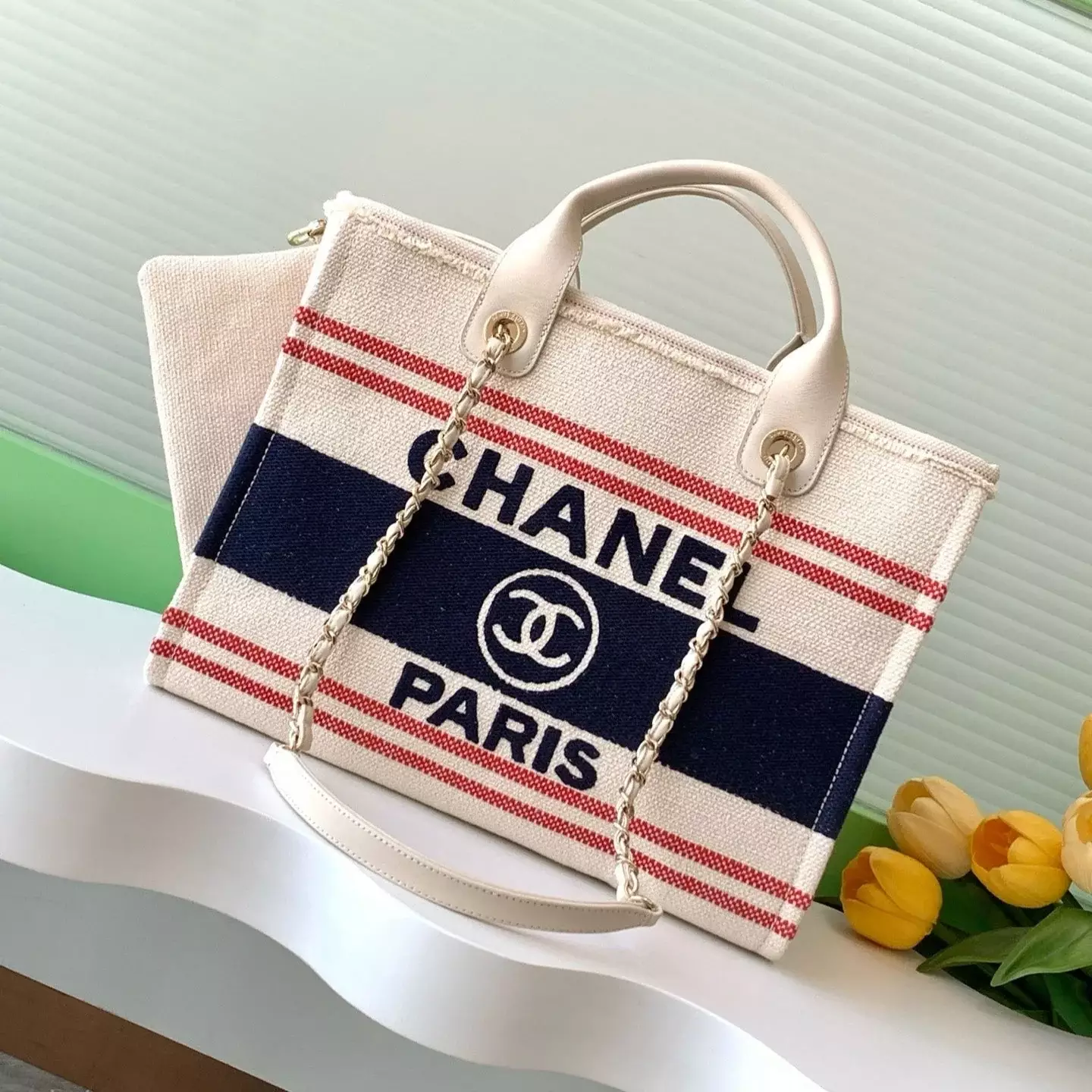 CHANEL SHOPPING BAG 34 IN WHITE RED AND NAVY BLUE CANVAS