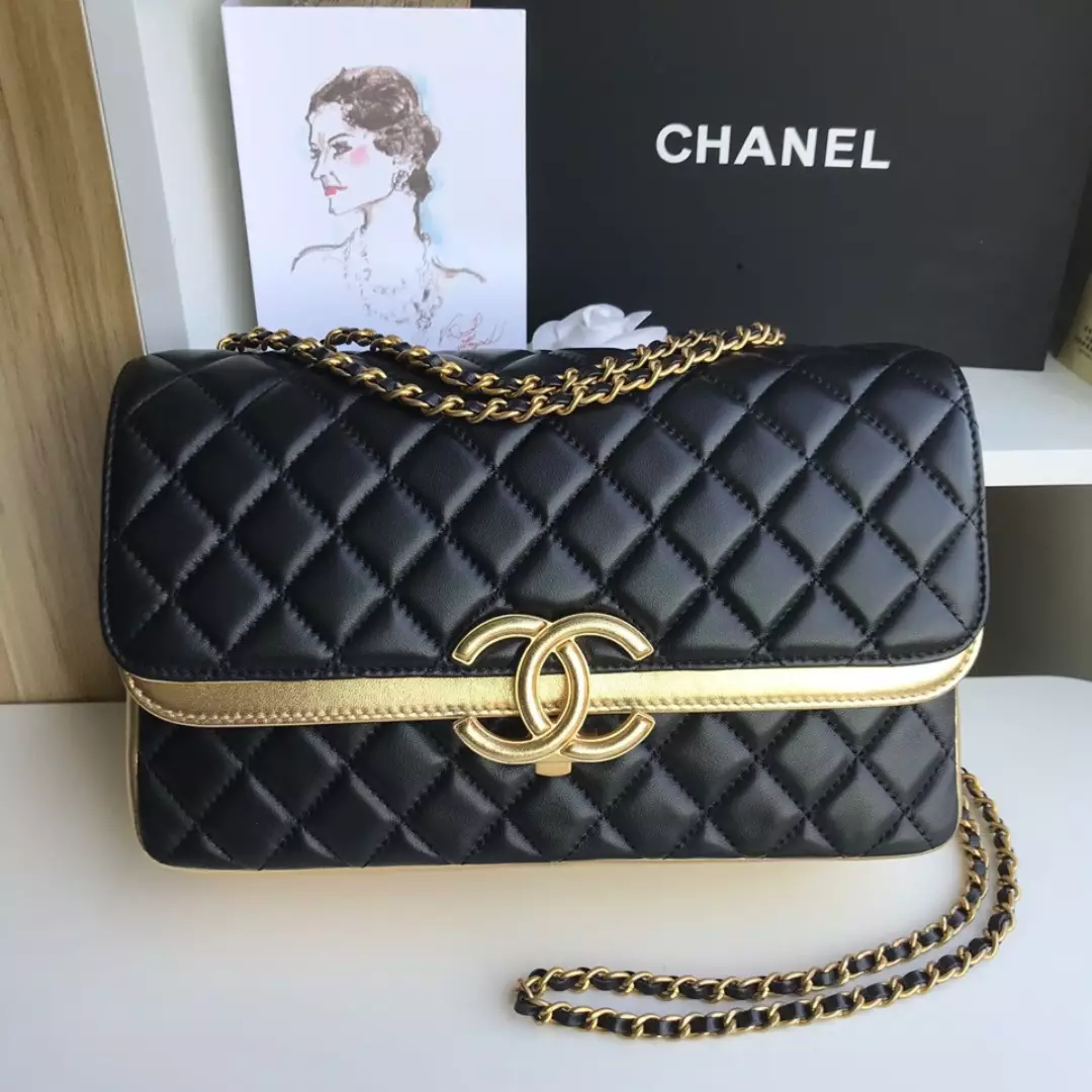 Chanel Woman’s Like Auth Handbags Black Mix Yellow Leather 25cm