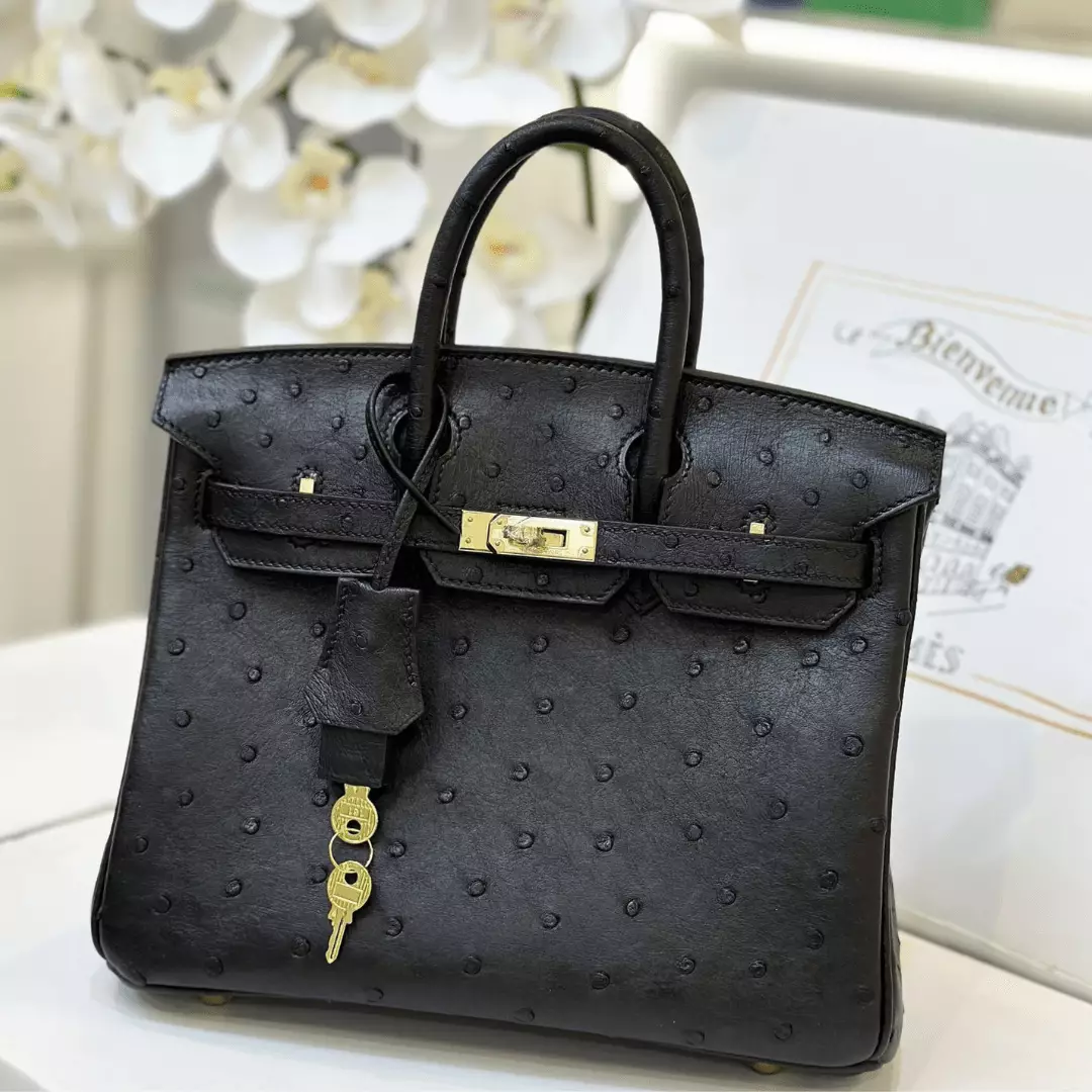 Hermes Birkin 25 Black Ostrich Leather Gold Hardware