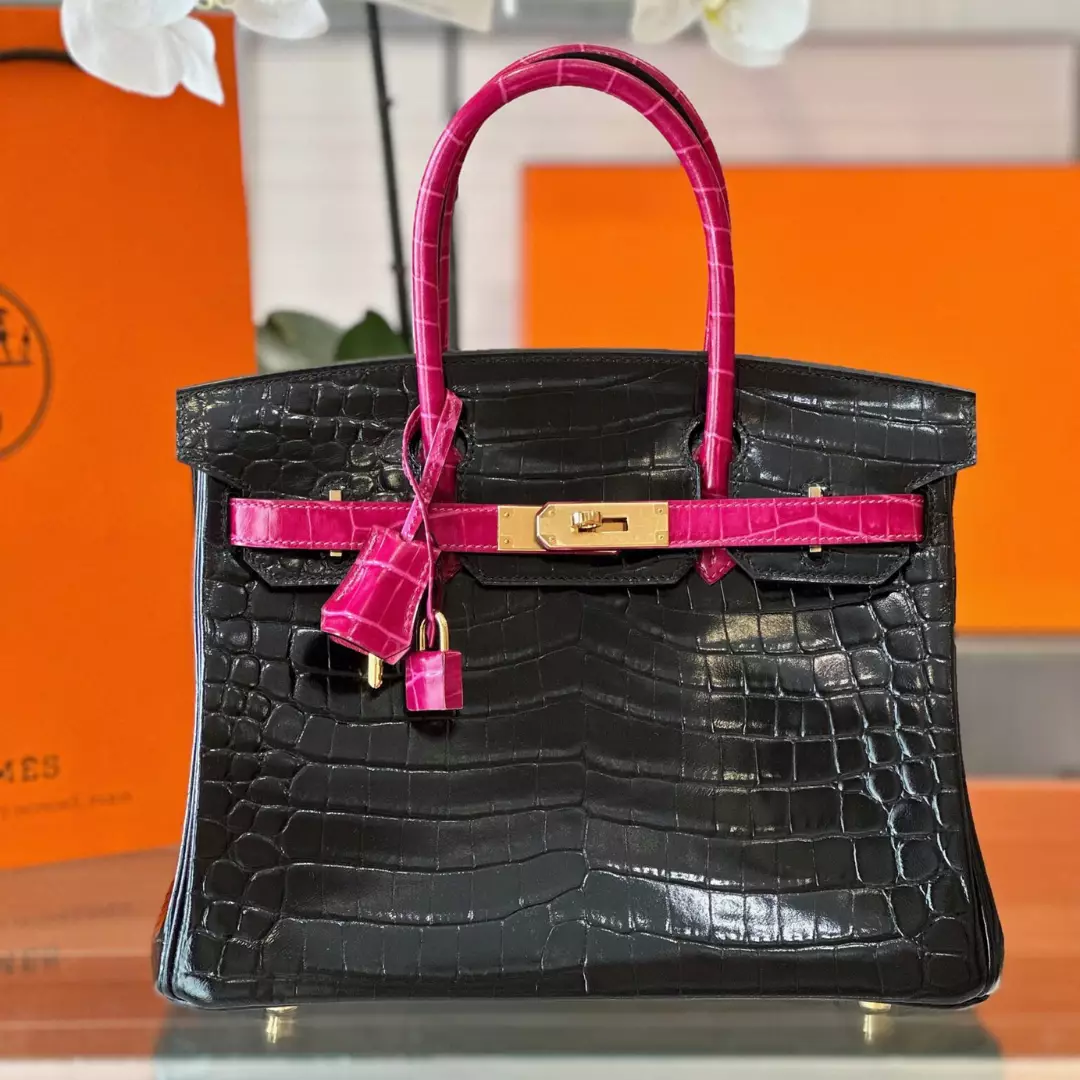 Hermes Birkin 30 Black/Pink Genuine Crocodile Leather – Custom Made
