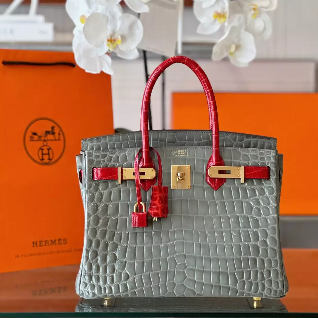 Hermes Birkin Genuine Crocodile Leather Gray and Red Custom Made