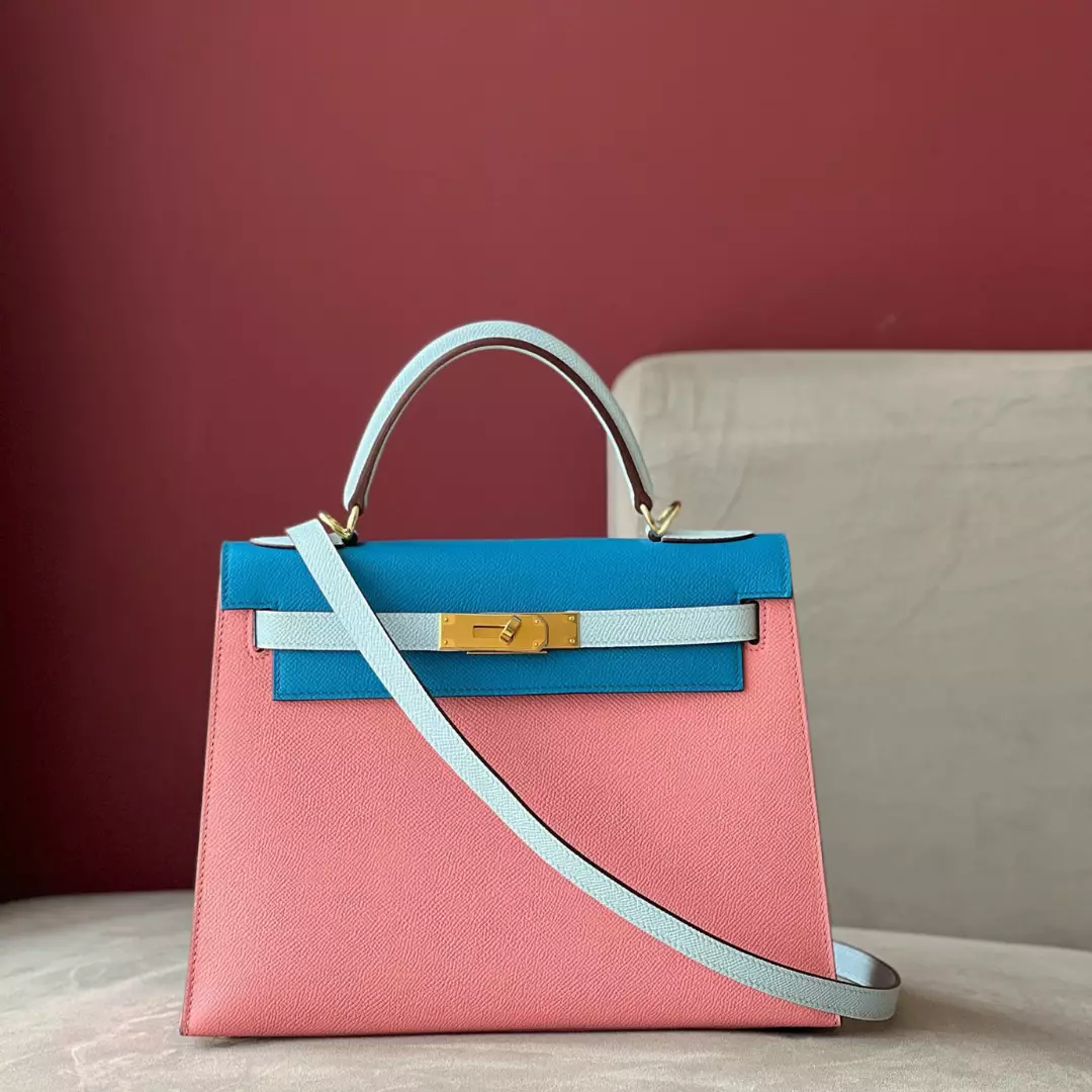 Hermes Kelly 28 Epsom Light Blue/ Electric Blue/Rose Pink Gold Hardware