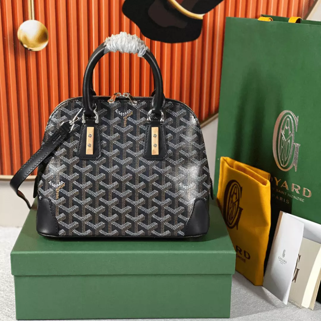 Goyard Alma Vedome Black Replica Handbag With Fabric Wrapped Leather Strap 24cm