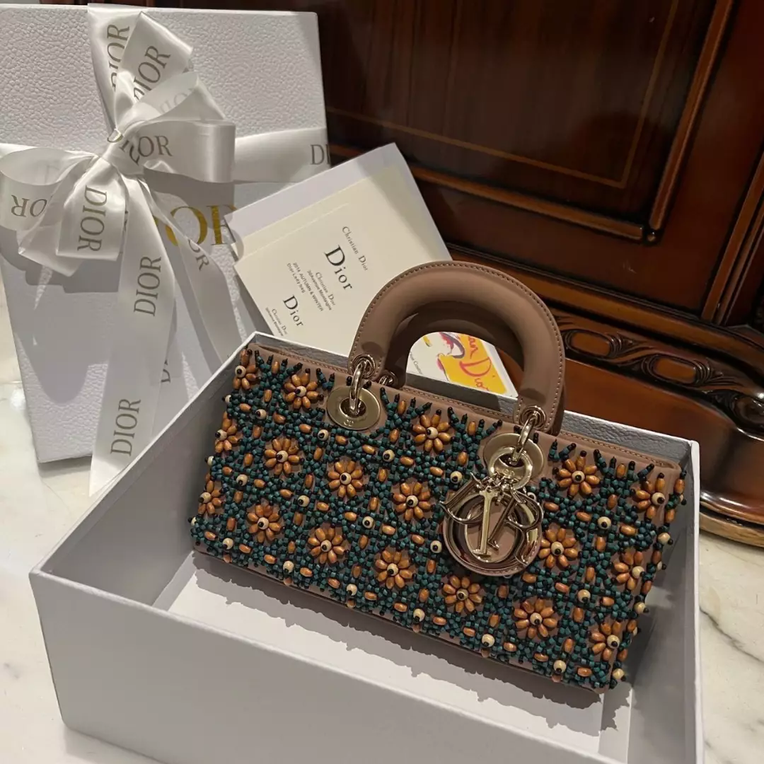 Dior D-Joy Medium Handbag With Beaded Pattern Like Auth 26cm
