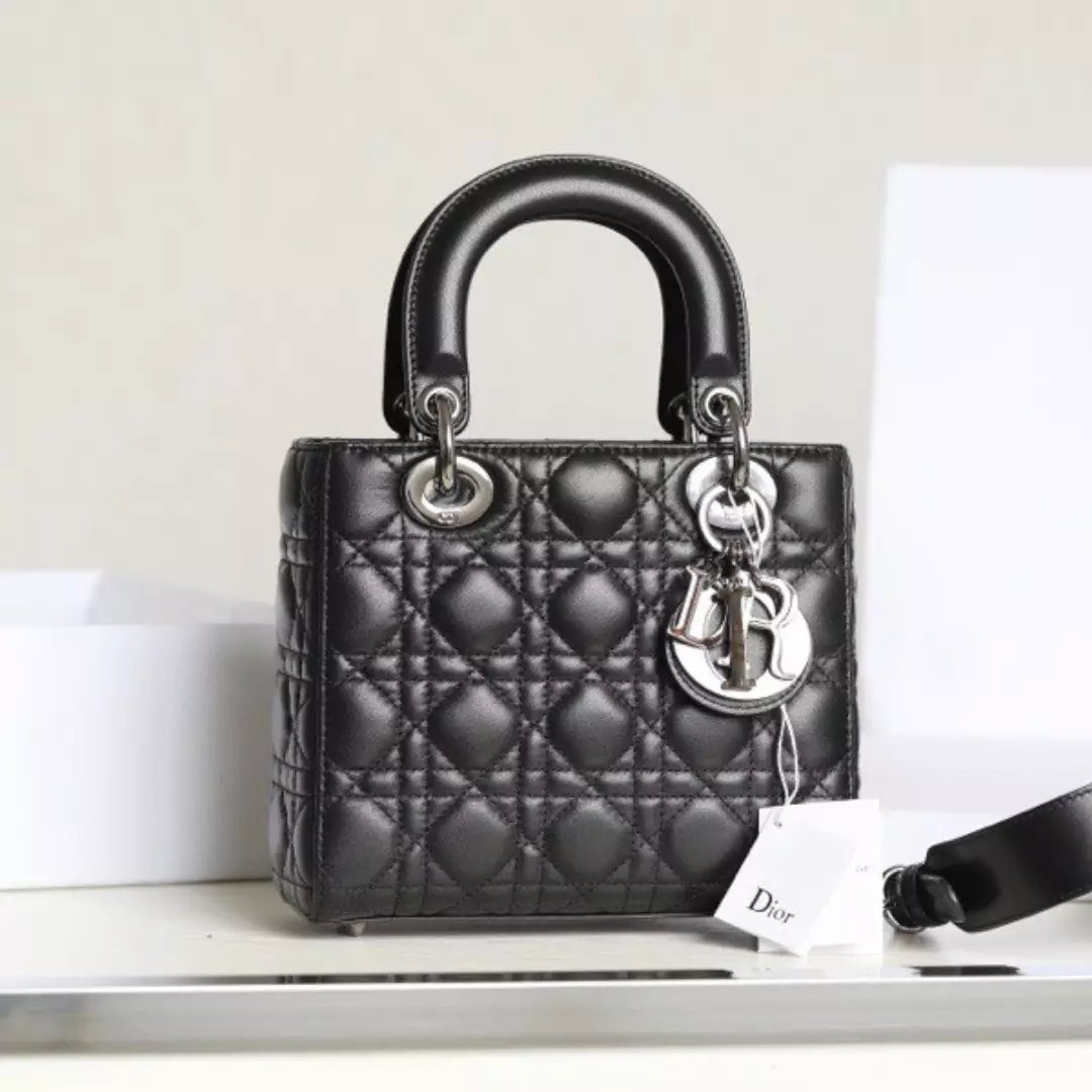 Dior My Lady Like Auth Women’s Handbag Black Silver Lock 20x16cm