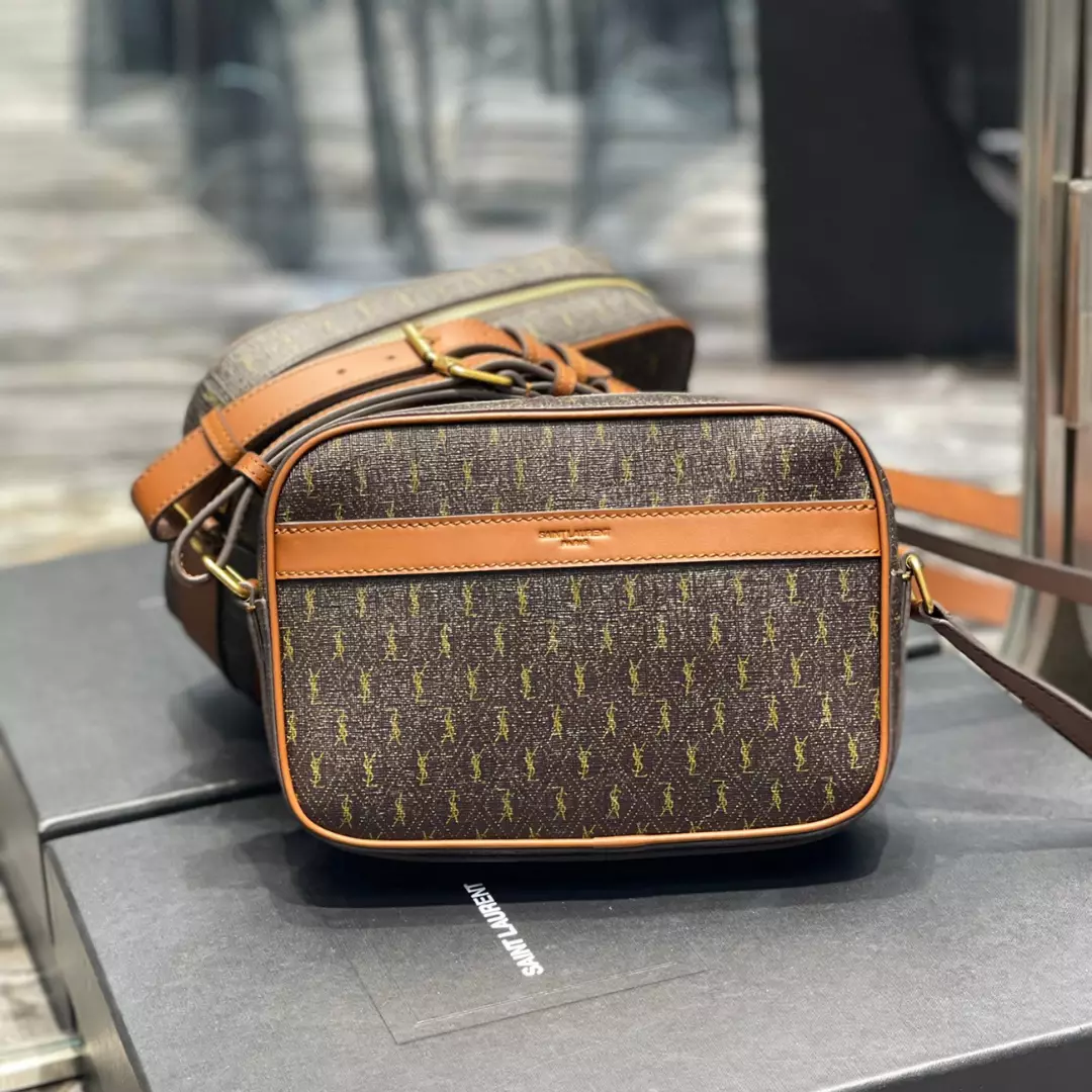 Saint Laurent Canvas Smooth Calfskin Le Monogramme Camera Bag Chestnut