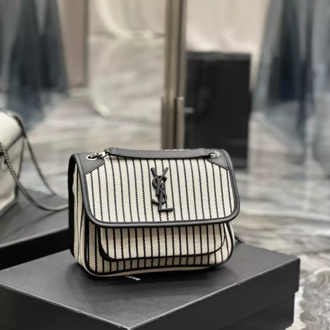 Saint Laurent Cotton Canvas Striped Vintage Calfskin Monogram Medium Niki Chain Satchel