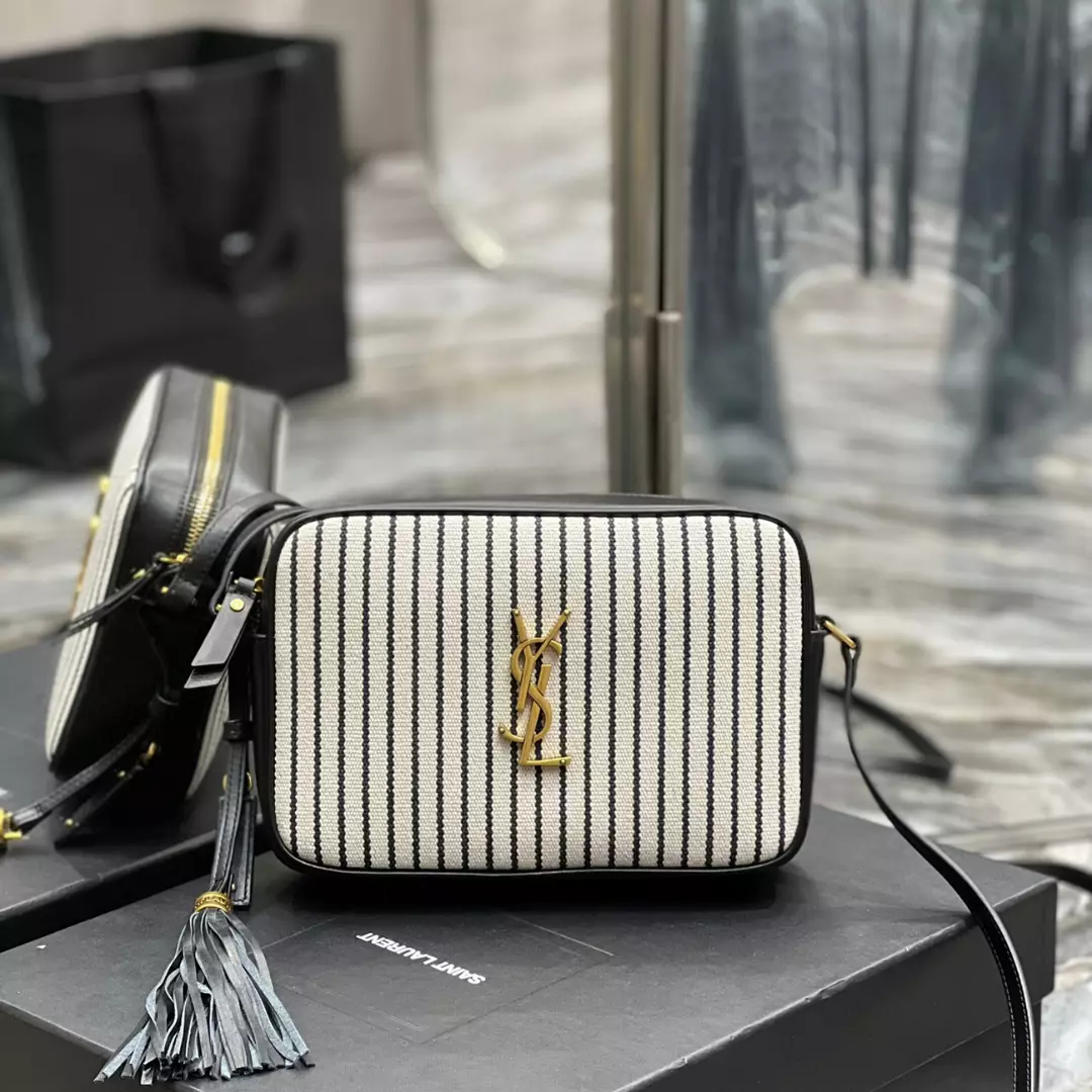 SAINT LAURENT Lou Medium Ysl Striped Canvas Camera Crossbody Bag In Grey Cream